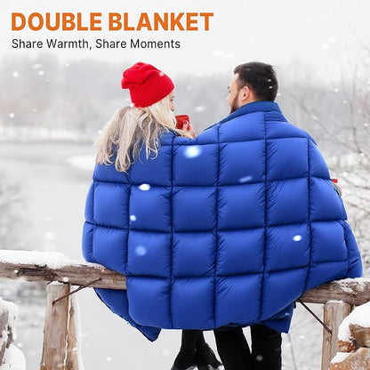 Down Puffy Blanket for 2 Person Car Camping Outdoor Travel Backpacking, 80% Duck Down & 20% Feather Lightweight Portable Soft Warm Cozy Camping Blanket Quilt, Lake Blue