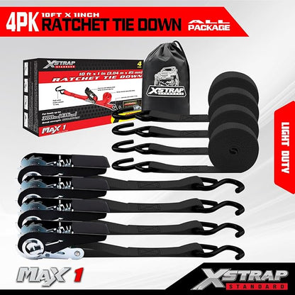 XSTRAP STANDARD Ratchet Tie Down Straps 4 Pk 10 Ft- 300 Lbs Load Cap- 900 Lbs Break Strength-Cargo Straps for UTV, ATV, Pickup,Truck, Moving Appliances, Lawn Equipment, Black