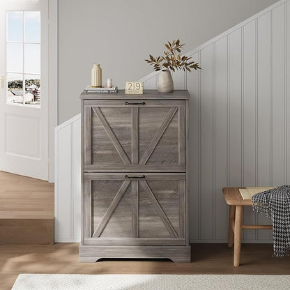 Shoe Cabinet, Shoe Storage Cabinet for Entryway with 2 Flip Drawers, Narrow Farmhouse Shoe Organizer Cabinet, Slim Shoe Rack Cabinet, Gery