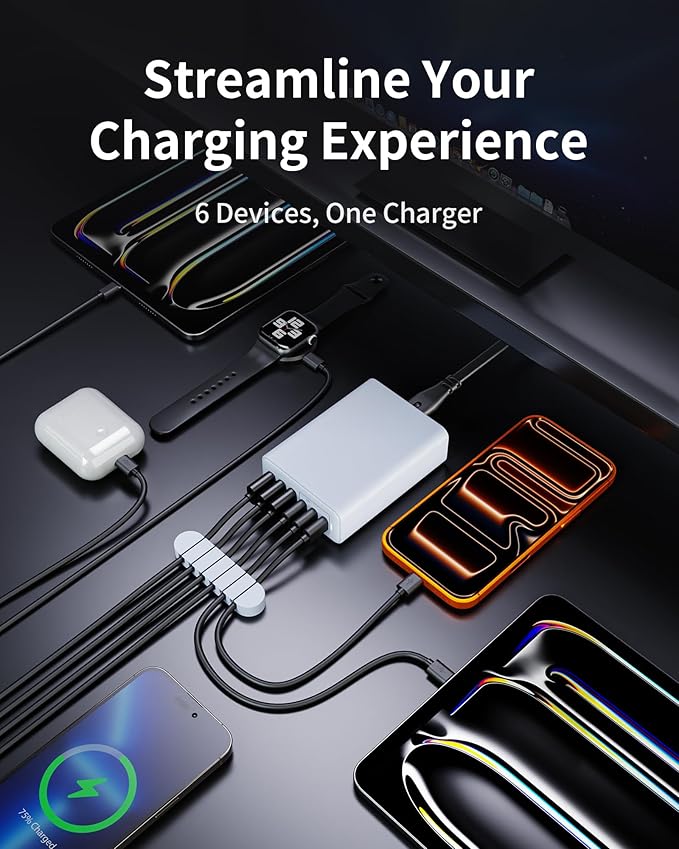 USB C Charger Block, 105W Max GaN 6-Port Fast Desktop Charging Station, Wall Charger Power Strip Adapter Plug for iPhone 17/16/15, iPad, Samsung and More (Cable Organizer Included)