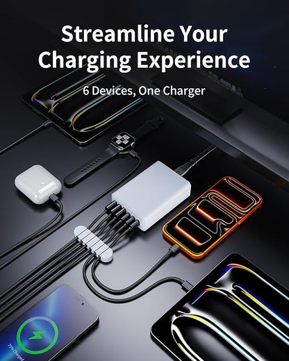 USB C Charger Block, 105W Max GaN 6-Port Fast Desktop Charging Station, Wall Charger Power Strip Adapter Plug for iPhone 17/16/15, iPad, Samsung and More (Cable Organizer Included)