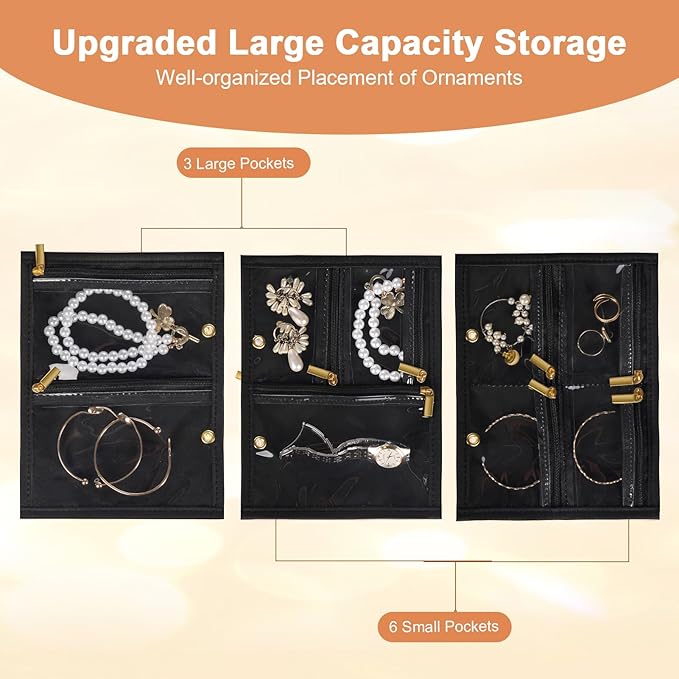Travel Jewelry Case Organizer for Women, Jewelry Storage Book with Small Pouch, Travel Jewelry Bag Case for Traveling Earrings, Rings, Bracelet Organizer (Inner Pages, 3 PCS, Black)