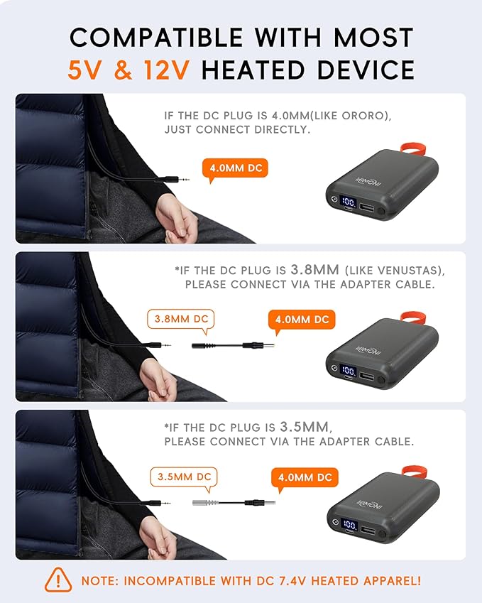 𝟭𝟮𝗩/𝟱𝗩 𝟮𝟬𝟬𝟬𝟬𝗺𝗔𝗵 Heated Jacket Battery Pack, Power Bank with LED Display for Wulcea, Genovega, ULUSERN and Other Heating Apparel，Not for 7.4V