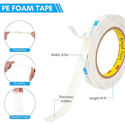 3M 1600T Double Sided Tape, PE Foam Tape 0.5" x 18 Ft White Removable Strong Adhesive No Residue for RV Picture Hanging, Posters Frames Wall Decor Indoor & Outdoor Use(2 Pack)