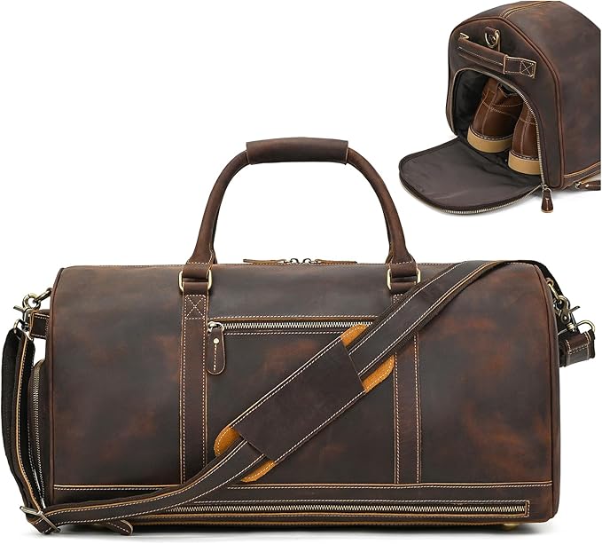 Genuine Full-grain Leather Travel Bag Large Capacity Duffel Luggage Bag with Shoe Compartment, Men Women Weekend Shoulder HandBag for Holiday Trip