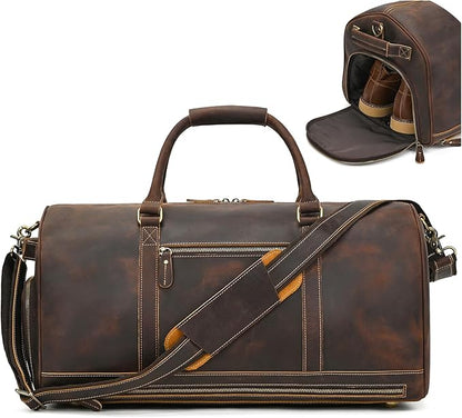 Genuine Full-grain Leather Travel Bag Large Capacity Duffel Luggage Bag with Shoe Compartment, Men Women Weekend Shoulder HandBag for Holiday Trip