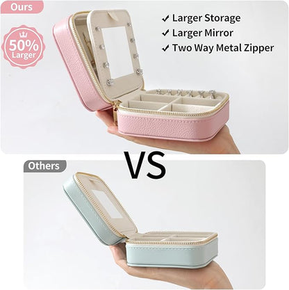 Genuine Leather Travel Jewelry Organizer Case with Mirror for Women, Small Mini Portable Jewelry Box for Ring Earrings Necklace Bracelet Luxury Gift for Women（Black）