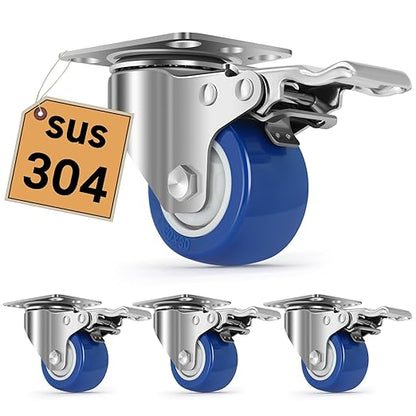 Nefish Stainless Steel Castor Wheels 2 Inch with Brake,Washable 304 Heavy Duty Casters Set of 4, Anti-Corrosion Stainless Steel Industrial Caster for Furniture,Toolbox,Restaurants,Outdoor