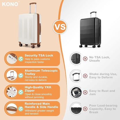 Kono Lightweight 28 Inch Expandable Luggage with Quiet Spinner Wheels TSA Lock, Scratch and Drop Resistant PC+ABS Hardside Durable Large Checked Suitcase, Cream White & Brown
