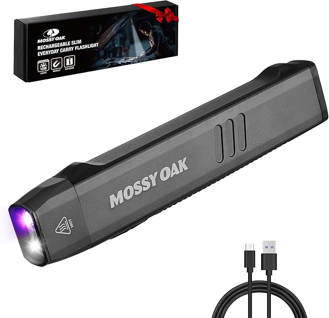 Mossy Oak Rechargeable EDC Flat Flashlight 1200 Lumens, Pocket Work Light with Magnetic Base, UV & White Light Combo, Waterproof LED Inspection Light for Work and Home - Idea Christmas Gift for Men