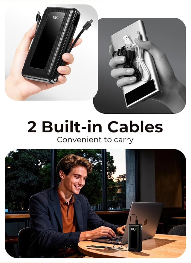 Portable Charger, 50000mAh Power Bank with Built-in Cables, PD 22.5W Fast Charging with Flashlight, High-Capacity Portable Phone Charger for iPhone, Android, Travel Camping Essential