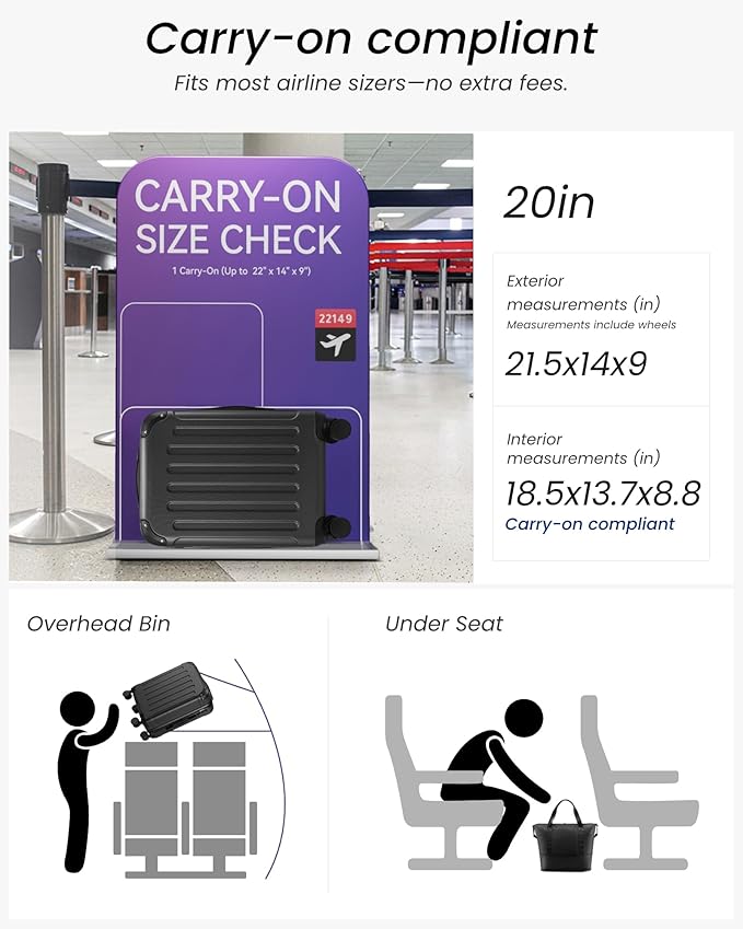 Carry On Luggage 22x14x9 Airline Approved, Hardside Suitcase with Wheels, TSA Approved, Tote Bag, Blue