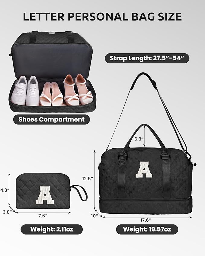 Teen Girl Gifts Trendy Stuff - Personalized Initial Duffle Bag with Shoe Compartment, Letter Travel Bag, Purple, 12x7x2 inches