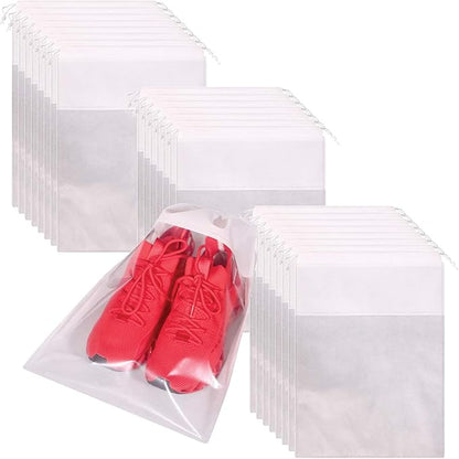 24 Pack Portable Shoe Bags for Travel Large Shoes Pouch Storage Organizer Clear Window with Drawstring for Men and Women White