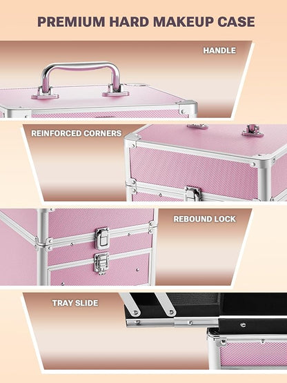 Qislee Makeup Box with Drawer and Four Trays, A Detachable Lighted Mirror, Waterproof Travel Train Case, Cosmetic Organizer and Makeup Suitcase with Magnetic LED Mirror(ICY Pink)