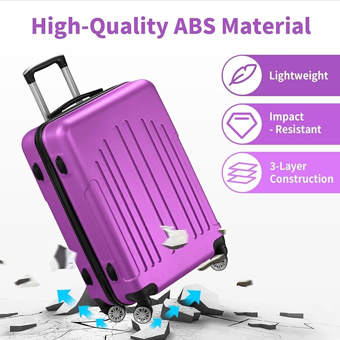 Karl home 24in Checked Luggage with TSA Lock, ABS Hardshell Check-in Suitcase with Spinner Wheels, Durable Medium Suitcase Rolling Luggage for Business Travel, Purple