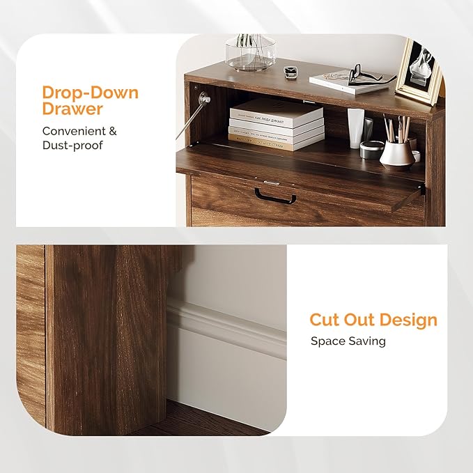 VINGLI Shoe Cabinet Storage for Entryway Ultra Slim with 2 Flip &1Drop-Down Drawers, 24.8" W Narrow Shoe Cabinet for Front Door Entrance,Freestanding Walnut Wood Shoes Organizer for Hallway