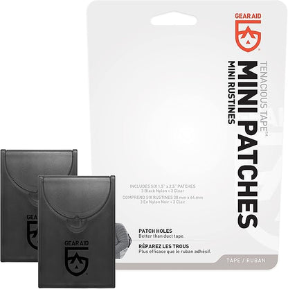 GEAR AID Tenacious Tape Mini Patches with Peel-and-Stick Adhesive to Fix Holes and Tears in Winter Gear, Down Puffer Jackets, Sleeping Bags, Tents, and Rain Gear, Black and Clear