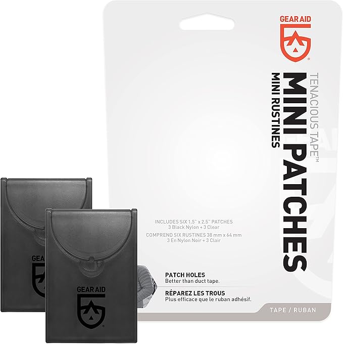 GEAR AID Tenacious Tape Mini Patches with Peel-and-Stick Adhesive to Fix Holes and Tears in Winter Gear, Down Puffer Jackets, Sleeping Bags, Tents, and Rain Gear, Black and Clear