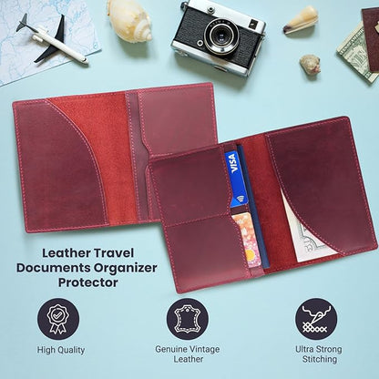 Leather Passport Holder with Travel Wallet, Genuine Leather Passport Cover- Passport Wallet, Leather Folding Wallet for Passports (Oval Cut, Red)