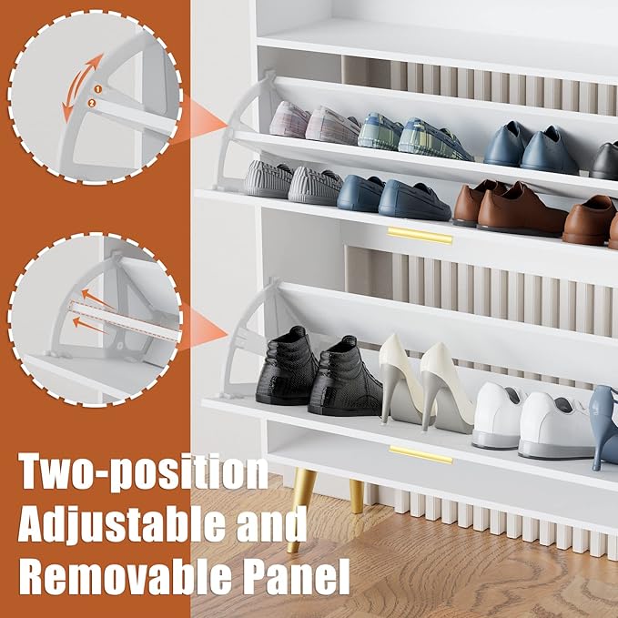 JOZZBY Shoe Cabinet for Entryway, White Narrow Shoe Storage Cabinet with 2 Flip Drawers, Freestanding Hidden Shoe Rack Storage with Open Shelves for Hallway, Living Room, Set of 2