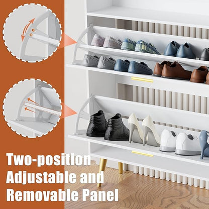 JOZZBY Shoe Cabinet for Entryway, White Narrow Shoe Storage Cabinet with 2 Flip Drawers, Freestanding Hidden Shoe Rack Storage with Open Shelves for Hallway, Living Room, Set of 2