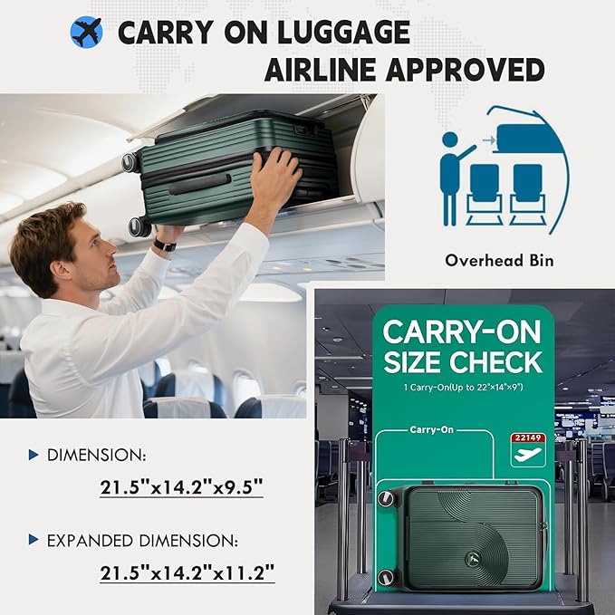 RAINSMORE Carry on Luggage Airline Approved, 20 Inch Expandable Hard Sided Carry on Suitcase with Spinner Wheels, Hard Shell Small Rolling Travel Luggages for Women Men with Tsa Lock, Green