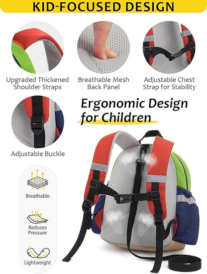 Toddler Backpack with Leash for Boys Girls Kids Kindergarten Nursery, 11” Baby Leash Backpack with Reflective, Toddler Bookbag with Anti-Lost Harness for Walking, Orange&Red