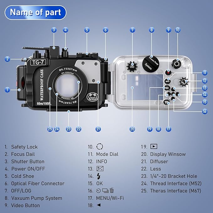 Sea frogs Camera Housing Compatible with Olympus TG-7, with Wide-Angle Lens and Red Filter, Waterproof IPX8 Rated, 60m/197ft Depth Protection Underwater Camera Case (White)