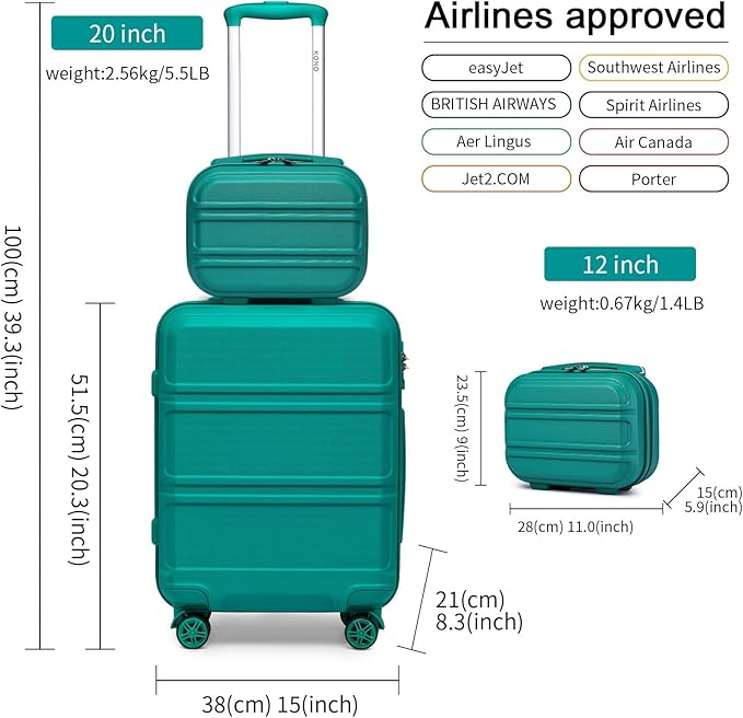 Kono Carry On Luggage Set Airline Approved Lightweight PC+ABS Carry On Suitcase with TSA Lock Spinner Wheels Durable Luggage Hardside Turquoise