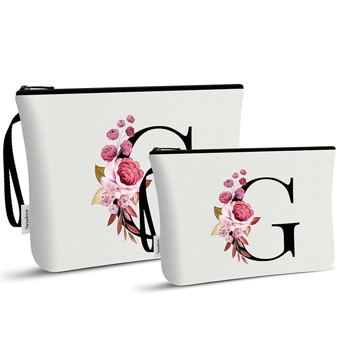 Vavabox A-Z Personalized Makeup Bag, Birthday Gifts for Women Mom, Gifts for Best Friend, Bride Bridesmaid Cosmetic bag (G, 03-White Set)