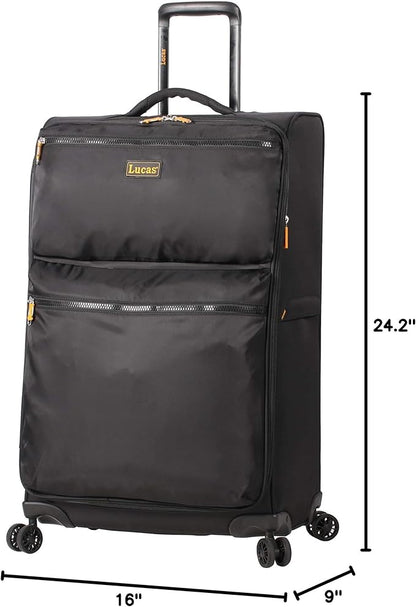 LUCAS Designer Luggage Collection - Expandable 24 Inch Softside Bag - Durable Mid-sized Ultra Lightweight Checked Suitcase with 8-Rolling Spinner Wheels (Black)