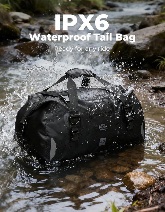 KEMIMOTO Waterproof Motorcycle Dry Bag – Duffle Tail Bag Soft Luggage, 40L/65L Large Capacity with 4 Quick-Release Straps, Dustproof for Touring, Adventure, Motorcycling & Camping