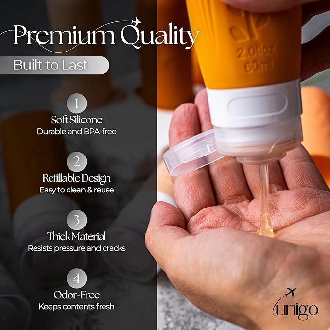 unigo 30pack Full Set TSA Approved Travel Bottles, Travel Size Containers for Toiletries, Refillable Leakproof Shampoo and Conditioner Bottles, Toiletry Containers,Extra Bottle Sleeves(Apricot)