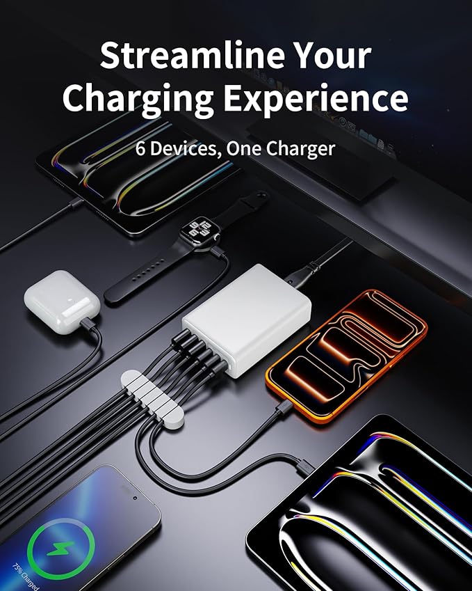USB C Charger Block, 105W Max GaN 6-Port Fast Desktop Charging Station, Wall Charger Power Strip Adapter Plug for iPhone 17/16/15, iPad, Samsung and More (Cable Organizer Included)