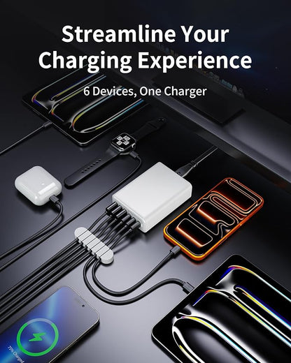 USB C Charger Block, 105W Max GaN 6-Port Fast Desktop Charging Station, Wall Charger Power Strip Adapter Plug for iPhone 17/16/15, iPad, Samsung and More (Cable Organizer Included)