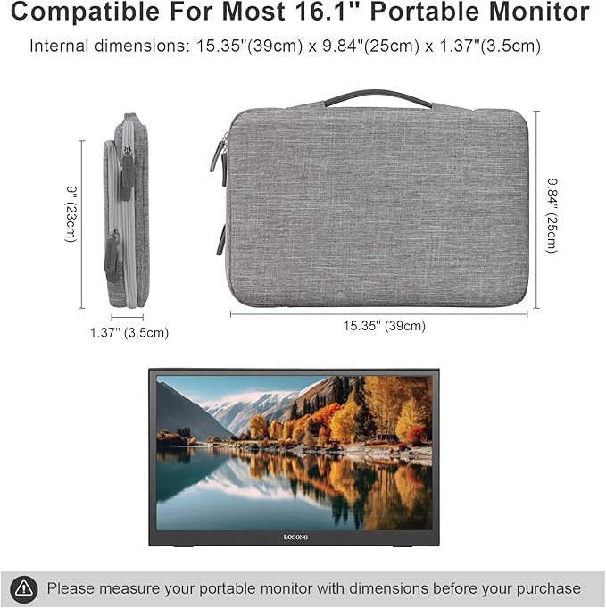 16.1/15.6 Inch Portable Monitor Case, 15.6 inch Laptop Protective Carrying Cover with PU Handle, Large Accessory Pocket and Water Resistant for Travel Monitor Bag Display Screen Sleeve, Gray