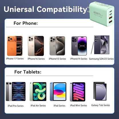USB C Wall Fast Charger Block, 40W 4-Port Type C Chargers Fast Charging Blocks PD Power Charger Adapter+QC 3.0 USB Multiport Charger Brick for Phone 17/16/15/14/13/12 Pro Max, i-Pad, Galaxy S25-2Pack