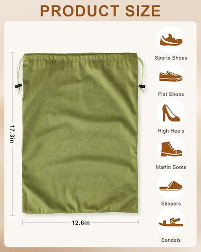 FantasyLife Shoe Bags for Travel, Washable Dust Bags for Storage & Packing, Flannel Shoe Pouch with Drawstring Closure for Purses, Handbags, Shoes & Toys (2, Sage Green)