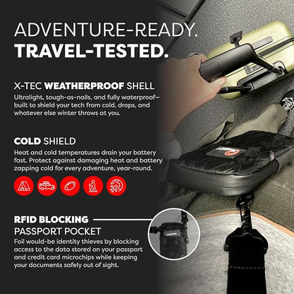 PHOOZY Orion Insulated Tech Bag For Travel - NASA Insulation Protects Your Phone, AirPods and Other Devices. Weatherproof X-Tech Shell with RFID Blocking Pocket for Complete Protection (BLACK CAMO)