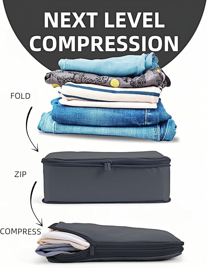 Compression Packing Cubes for Travel, 6-Piece Set (L/M/S), Double-Zip Luggage Organizers with Mesh Panels, Space-Saving Clothes Storage Bags for Suitcase & Carry-On (6 Pack, Charcoal Gray)