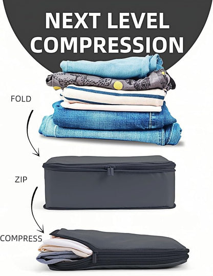 Compression Packing Cubes for Travel, 6-Piece Set (L/M/S), Double-Zip Luggage Organizers with Mesh Panels, Space-Saving Clothes Storage Bags for Suitcase & Carry-On (6 Pack, Charcoal Gray)