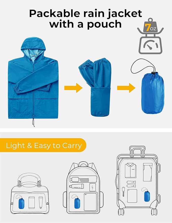 COOFANDY Mens Packable Rain Jacket Lightweight Waterproof Raincoat with Hood Outdoor Rain Gear Travel Hiking Cycling