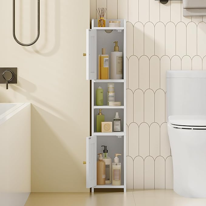 Slim Bathroom Storage Cabinet, Narrow Storage Cabinet with 2 Doors, Open Space，Adjustable Shelf, Freestanding Bathroom Organizer for Laundry Room, Kitchen, Living Room, White 022413X