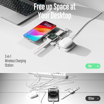 KU XIU Fast Wireless Charger, Magnetic Foldable 3 in 1 Charging Station for iPhone 17/16/15/14/13/12 Pro/Plus/Pro Max, 5W Portable Charger for Apple Watch9/8/7/6/5/4/SE, for Airpods