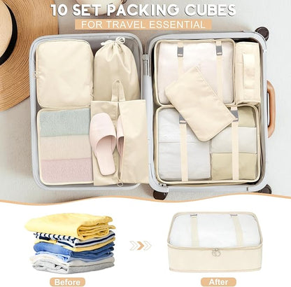 10 Set Packing Cubes for Travel, Travel Organizer with Hanging Toiletry Bag and Shoe Bag, Luggage Organizer Bags for Travel Essentials Women Men