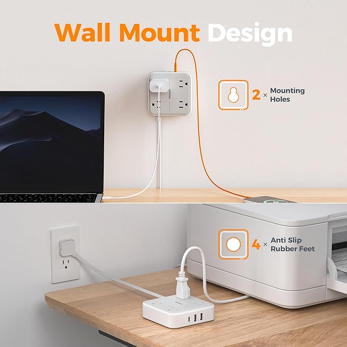 TESSAN Surge Protector Power Strip, 1 Ft Ring Pull Short Extension Cord with Multiple Outlets, 3 USB (1 USB C) 4 Outlets, 900J Surge Protection, Desktop Charging Station for Home, Office, Dorm Room