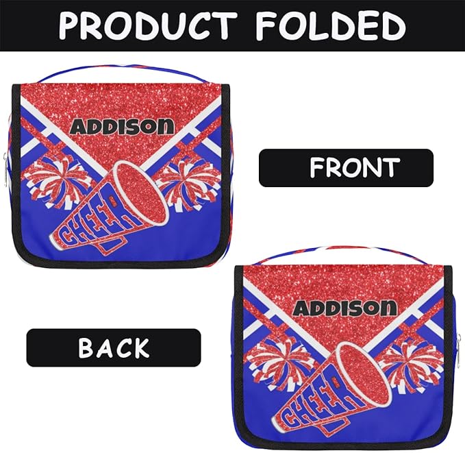 Customized Travel Cheer Hanging Toiletry Bag for Women, Waterproof Large Cosmetic Bag Makeup Cosmetic Organizer Case Bag, Red Glitters Royal Blue