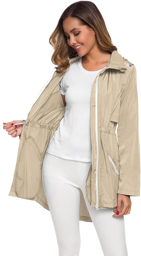 Avoogue Women's Long Raincoat with Hood Outdoor Lightweight Windbreaker Rain Jacket Waterproof