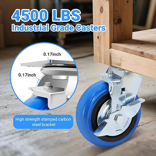 W B D WEIBIDA 6 Inch Heavy Duty Casters Set of 4, Smooth Rolling Caster Design for Cart Wheels, 4500 LBS Industrial Grade Castors with Upgraded Thickened Bracket, Durable Castors (4 Brake)